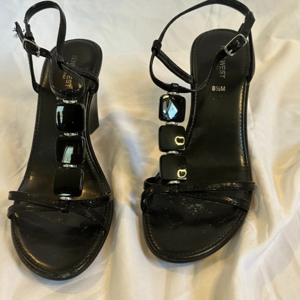 Nine West Black Strappy Wedge Sandals Size 8.5
